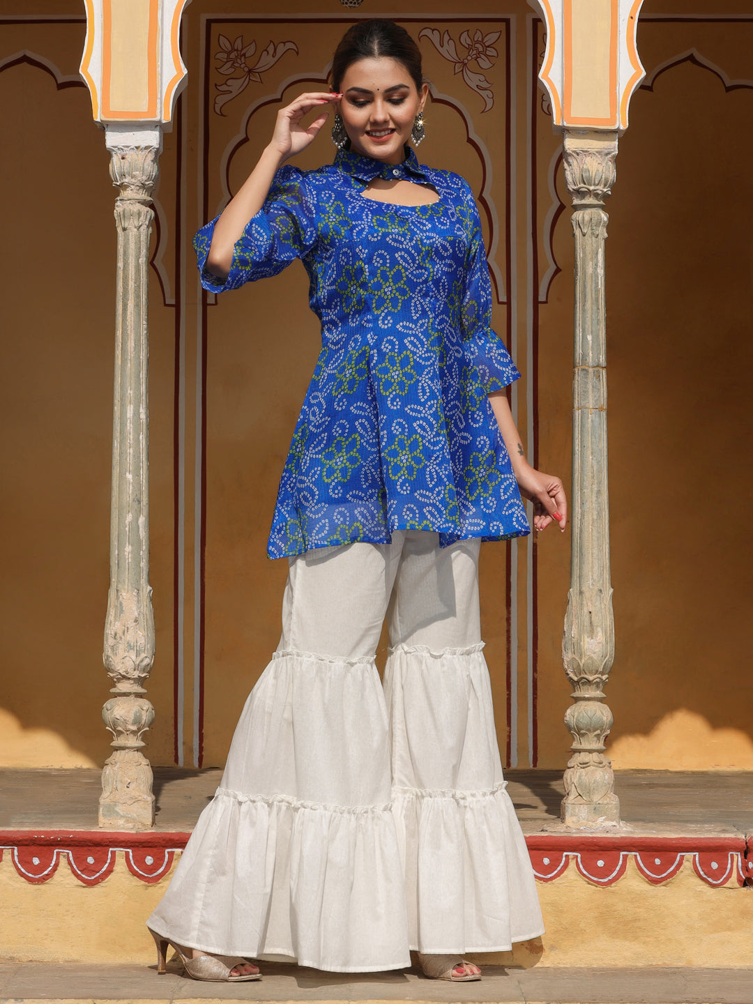 Short Flared Kurta With White Sharara