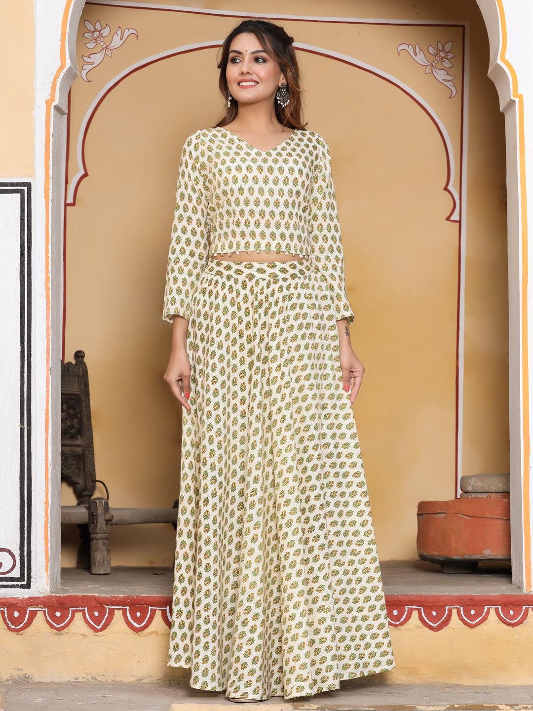 Off White Printed Top & Skirt Online