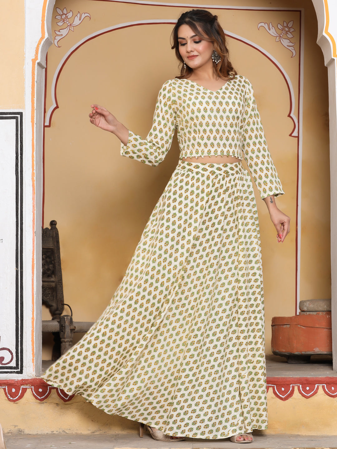 Off White Ethnic Printed Top Has V Neck