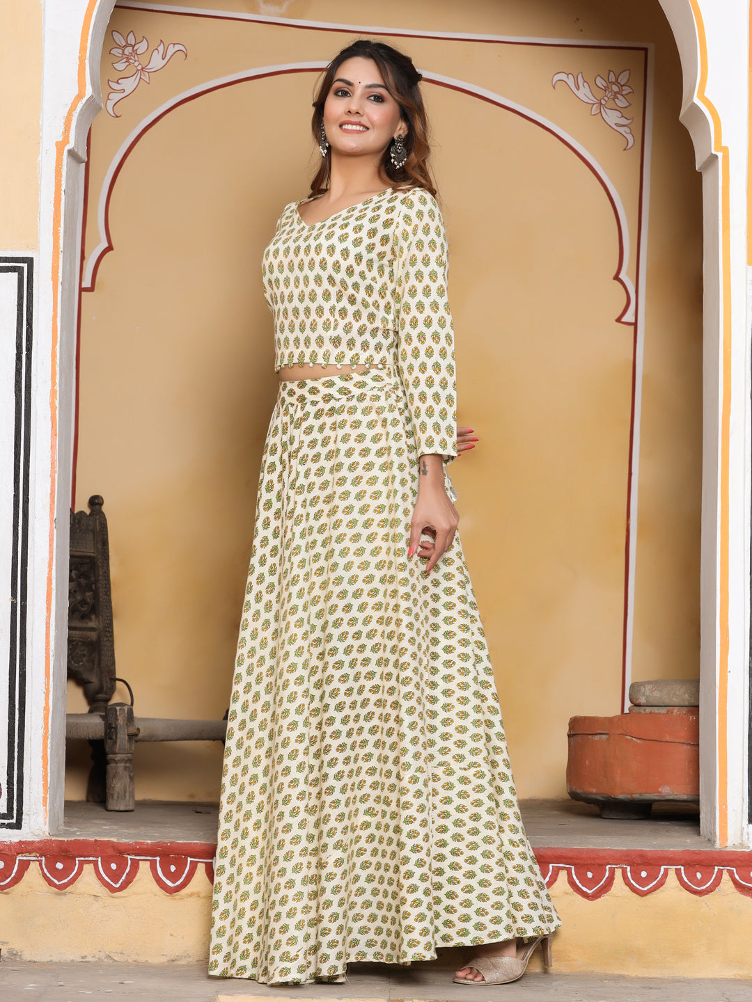 Off White Ethnic Printed Top Has V Neck