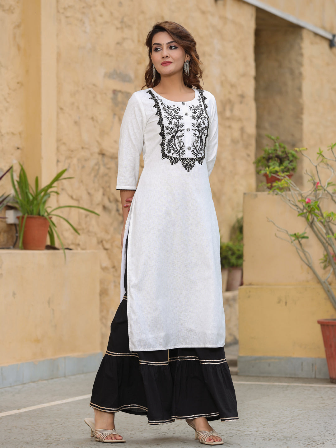 White Solid Embroidered Cotton Kurta With Sharara & Dupatta
