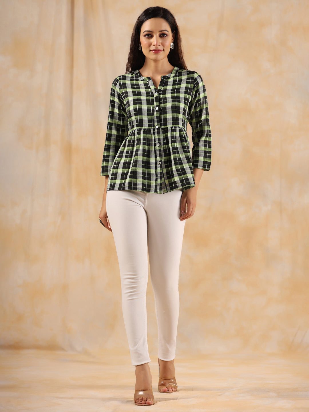 Checked Cotton Shirt With Gathered Detail