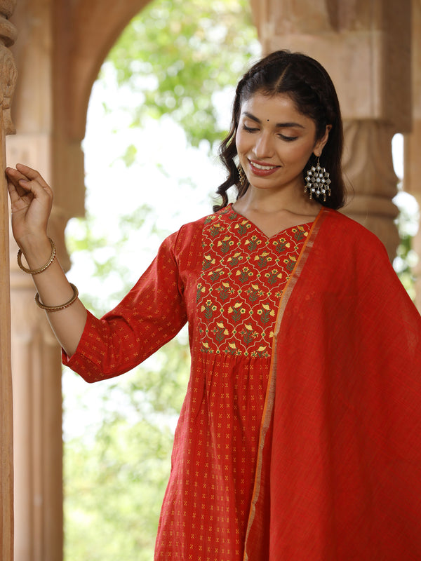 Red Silk Embroidered Kurta With Pants And Dupatta