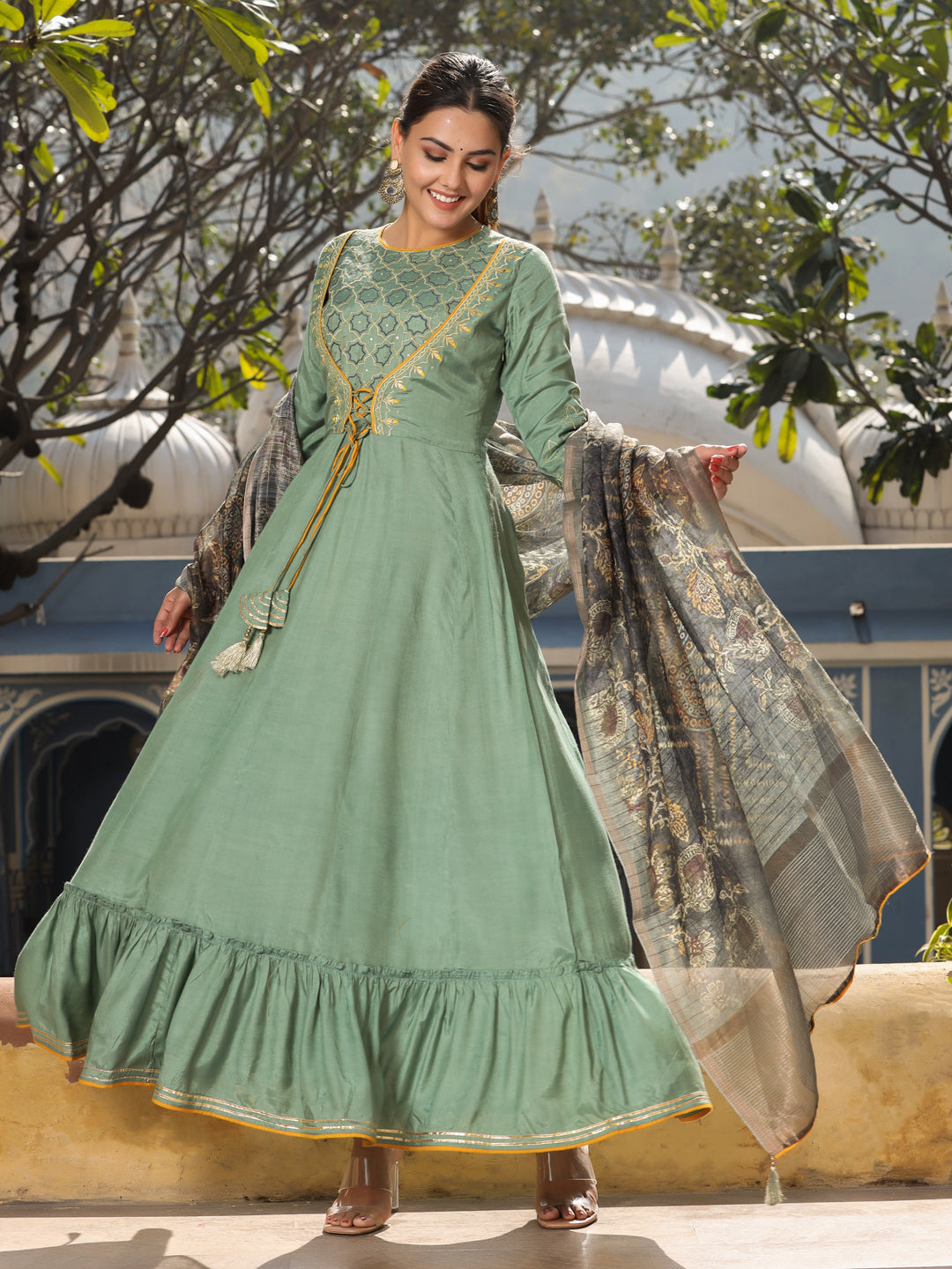 Silk Blend Embroidered Kurta With Dupatta