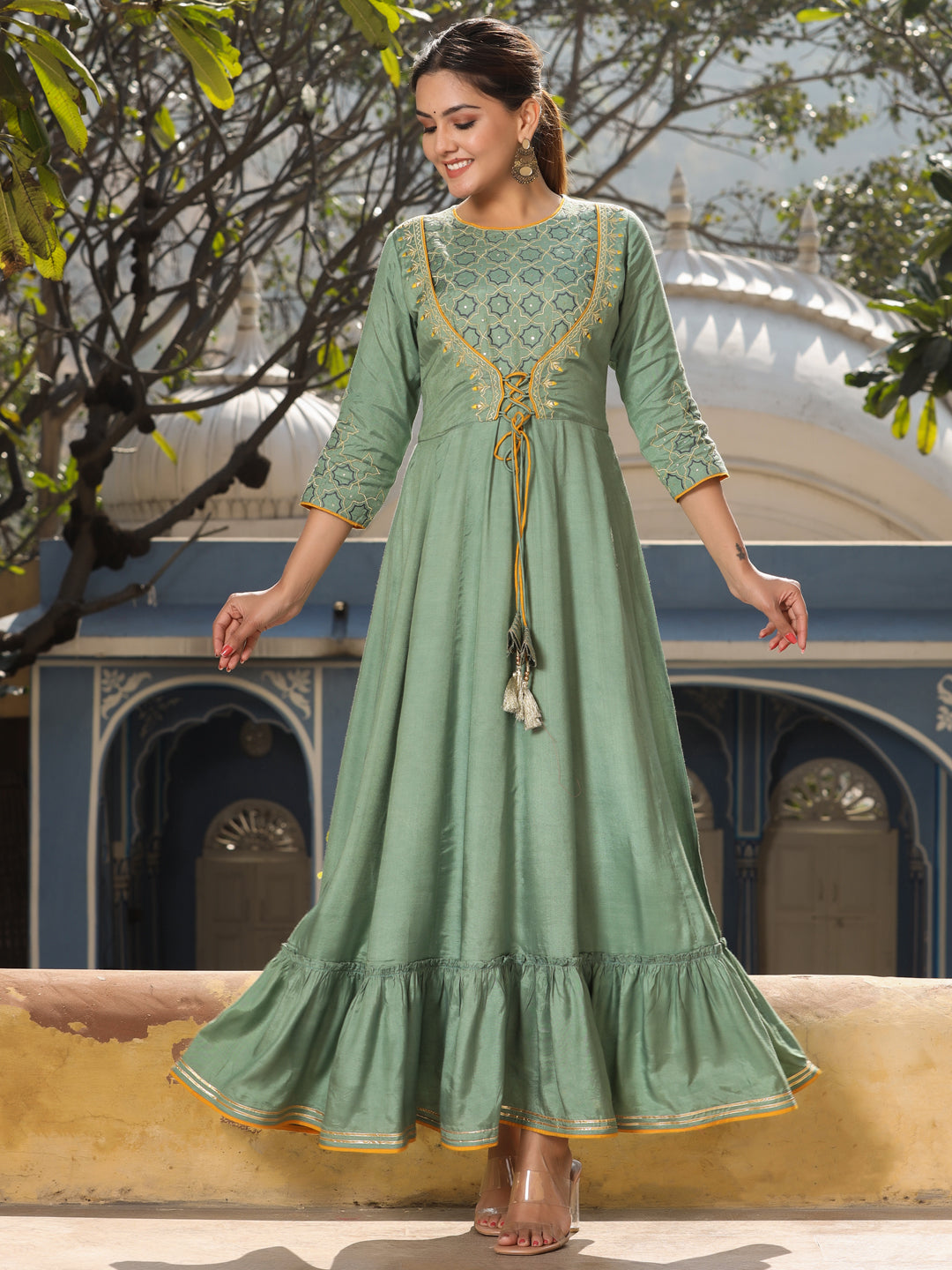 Silk Blend Embroidered Kurta With Dupatta
