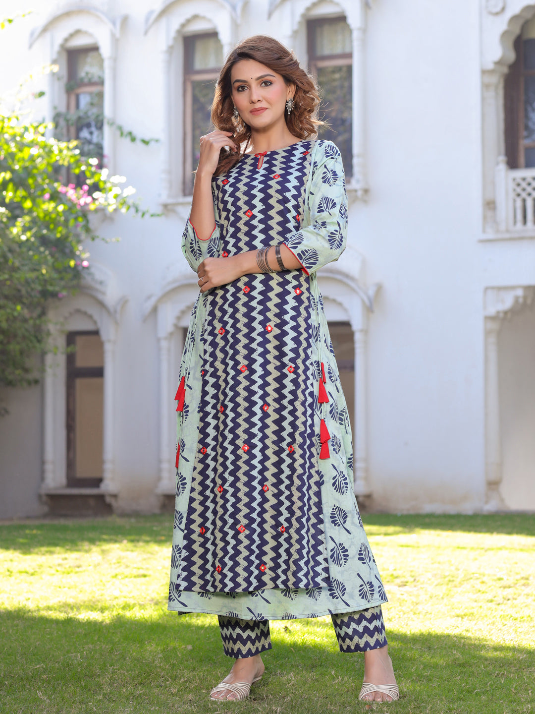Navy Blue Zig-Zag Print Embroidered & Double Layered Long Cotton Kurta With Palazzo
