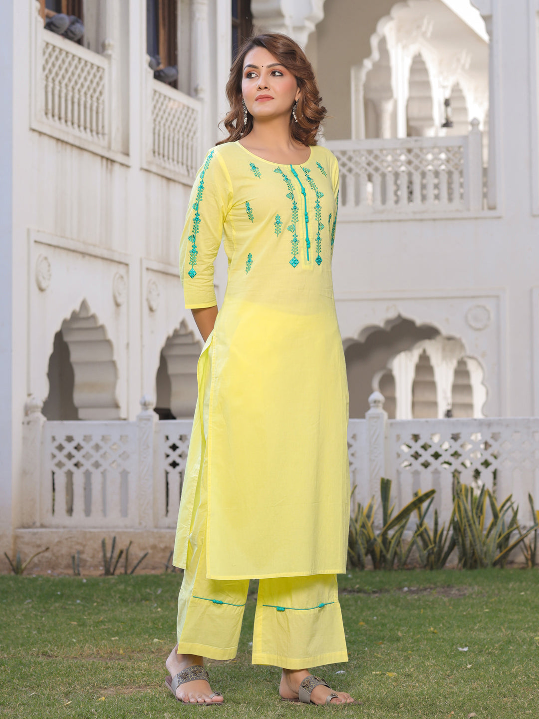 Yellow Embroidered Kurta & Palazzo Set