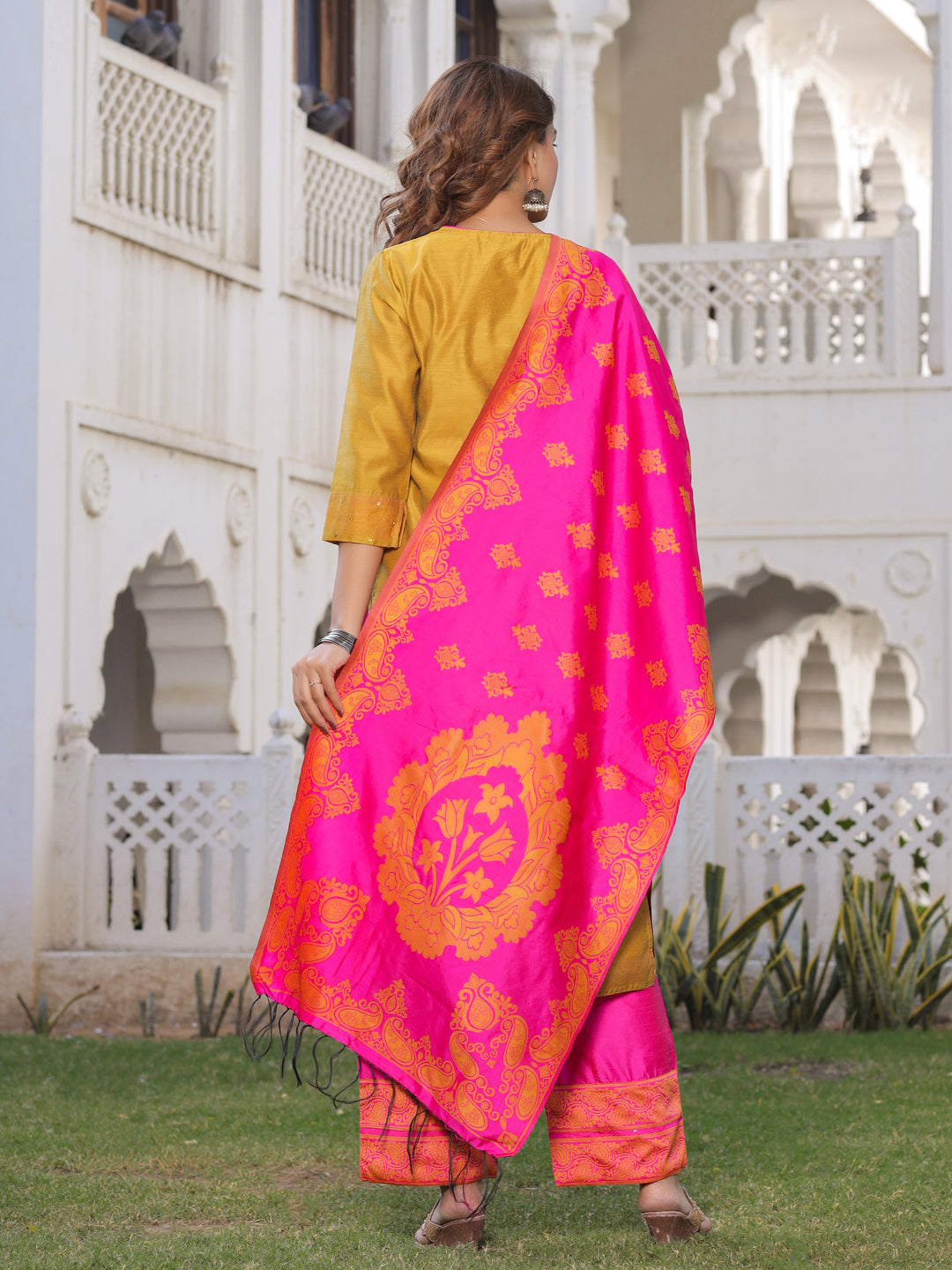 Mustard And Pink Solid Straight Chanderi Kurta With Palazzo Dupatta