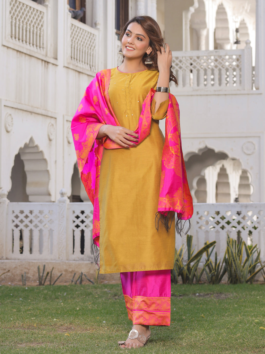 Mustard And Pink Solid Straight Chanderi Kurta With Palazzo Dupatta