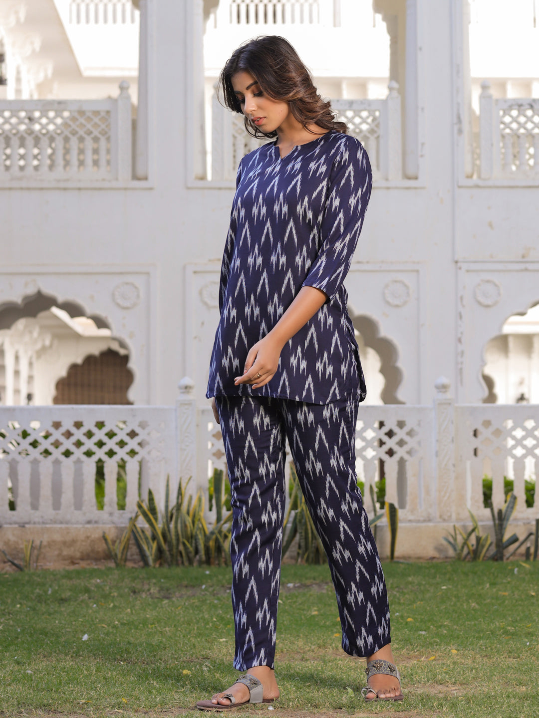 Blue Ikat Print Straight Viscos Rayon Lounge Wear