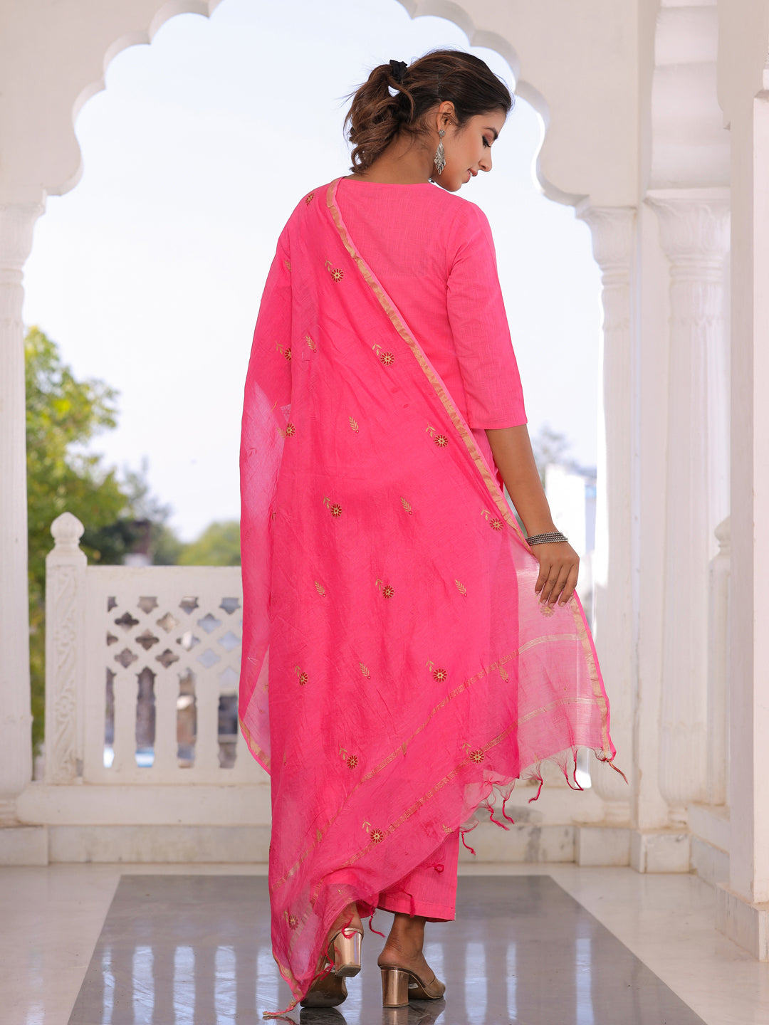 Pink Embroidered Straight Kurta With Palazzo Dupatta
