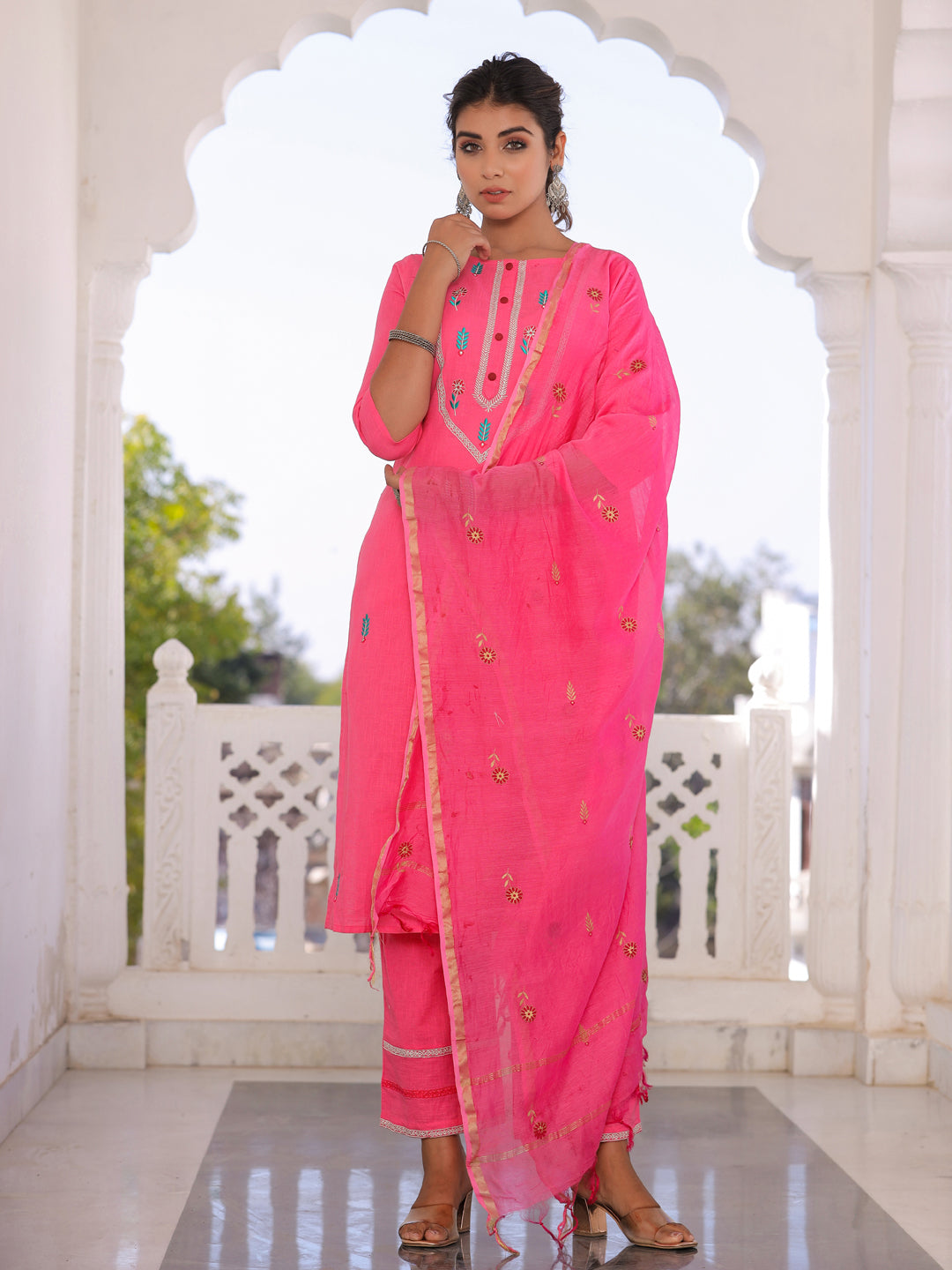 Pink Embroidered Straight Kurta With Palazzo Dupatta
