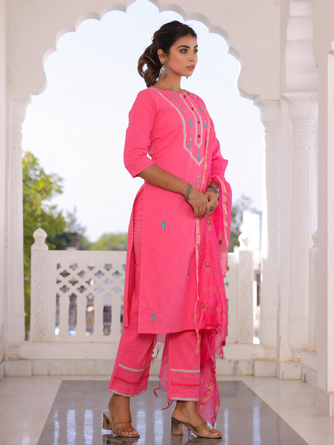 Pink Embroidered Straight Kurta With Palazzo Dupatta