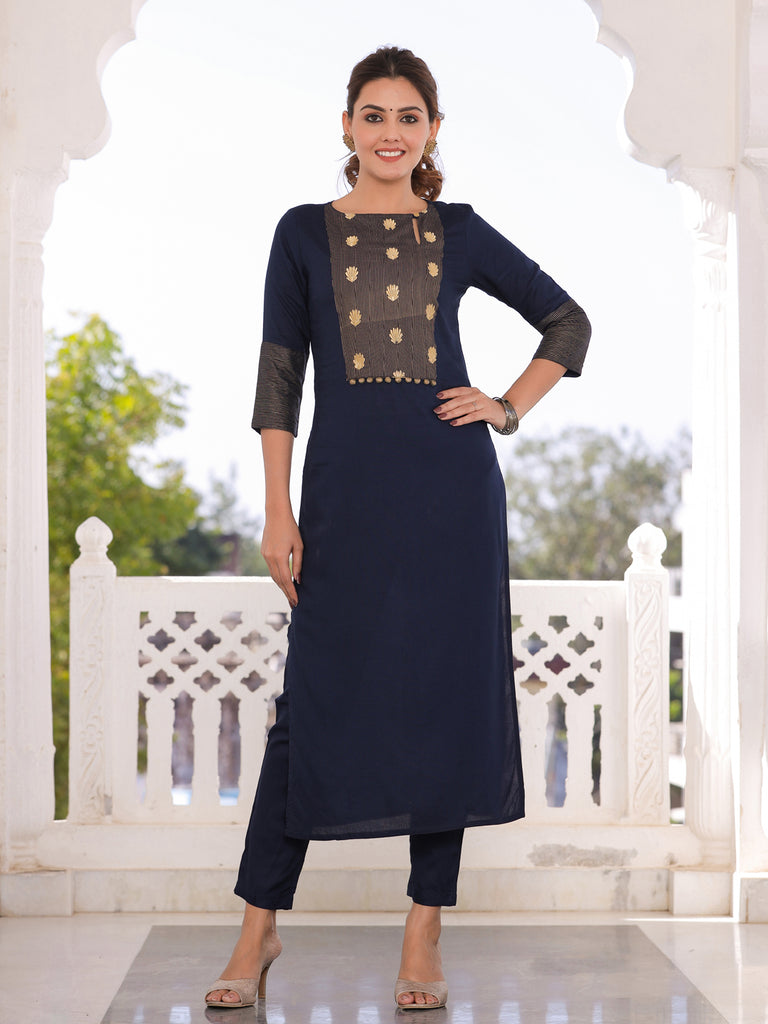 Buy Navy Blue Lining Silk Daily Wear Embroidery Work Kurti Online From  Wholesale Salwar