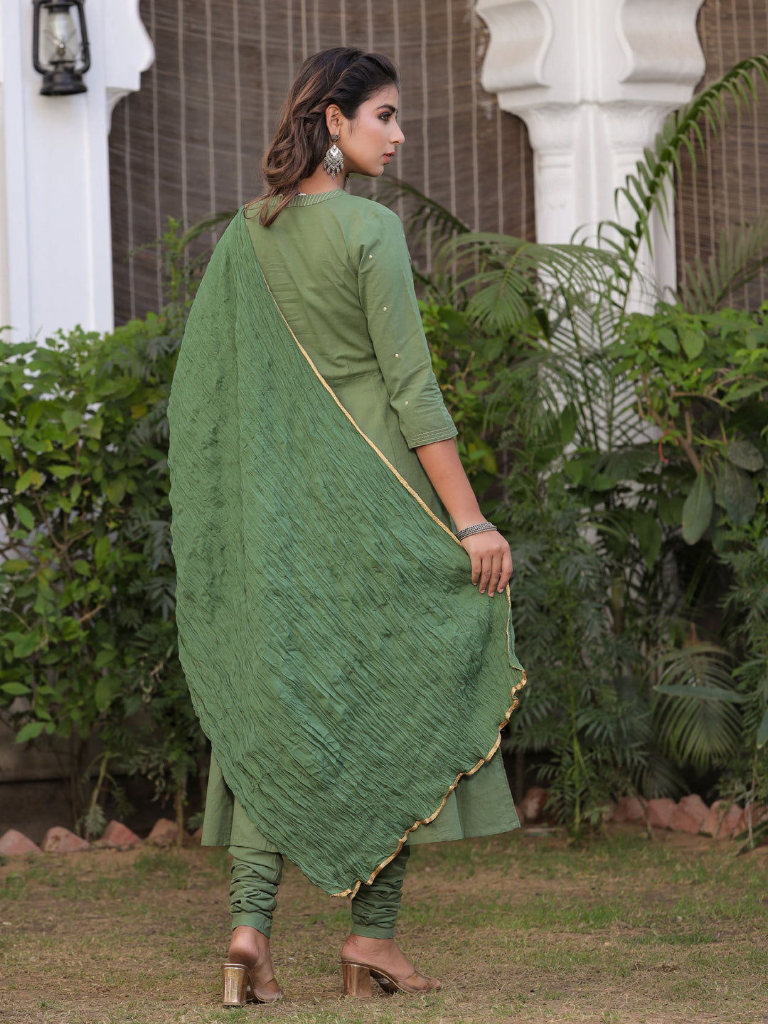 Olive Green Embroidered Anarkali With Churidar & Dupatta