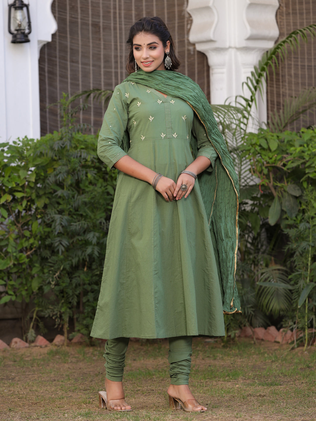 Olive Green Embroidered Anarkali With Churidar & Dupatta
