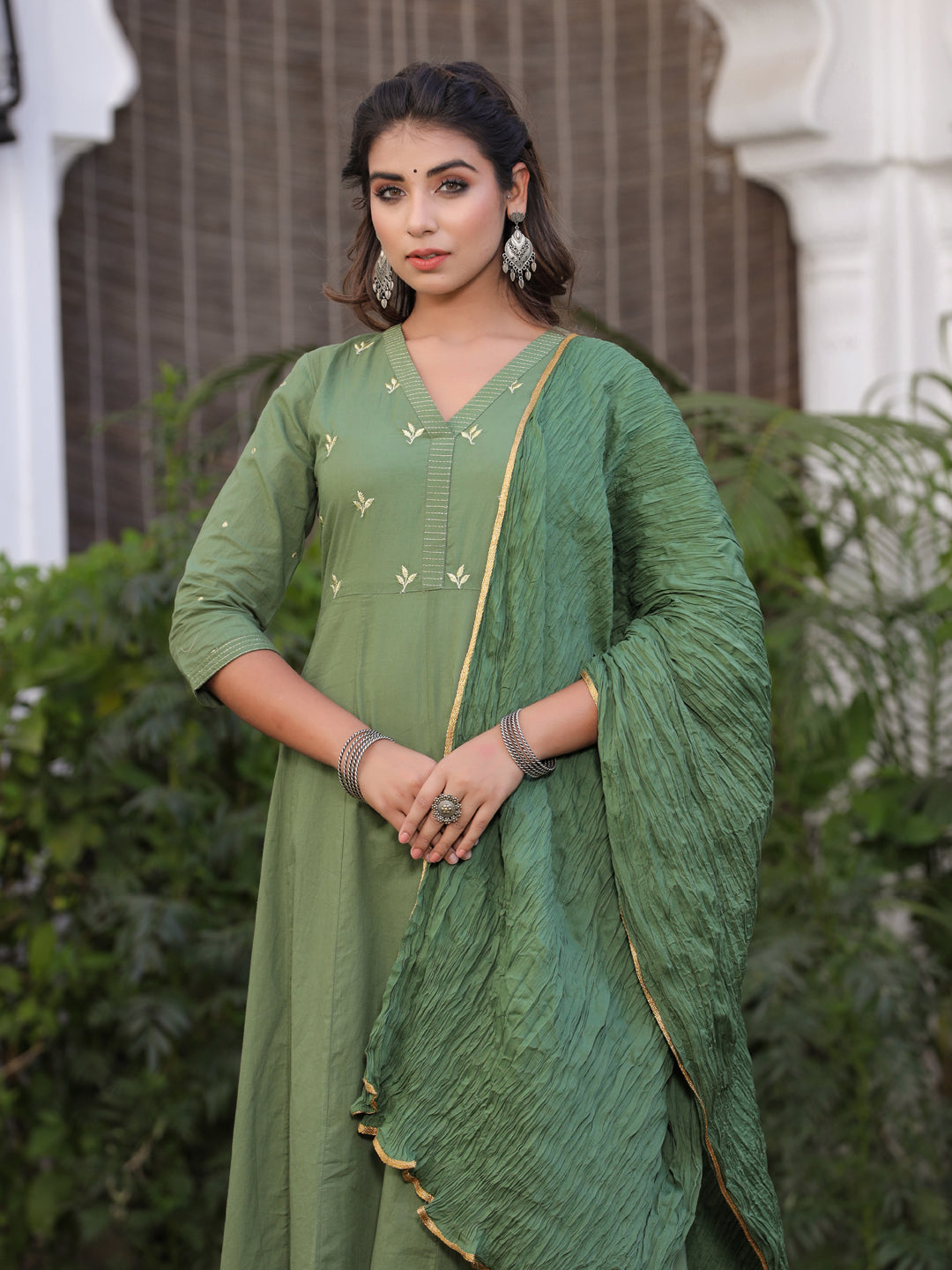 Olive Green Embroidered Anarkali With Churidar & Dupatta