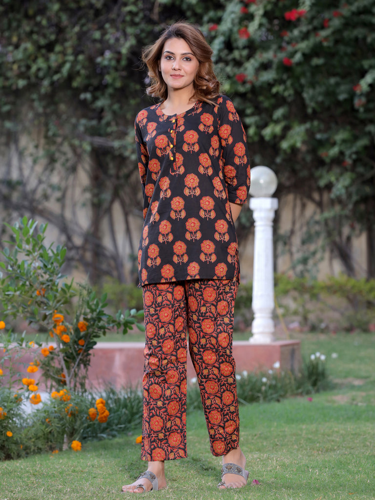 Jaipur Kurti Lingerie Jaipur Kurti Women Rust Ethnic Pirnt Straight Cotton  Short Kurta With Pyjamas Set Of 2 Online  Nykaa Fashion