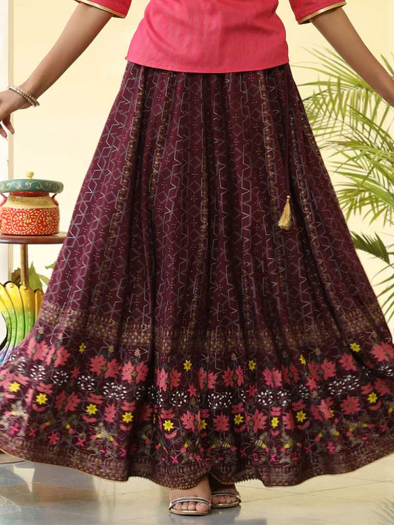Buy Burgundy & Pink Golden Khadi Print Women Flared Maxi Skirt