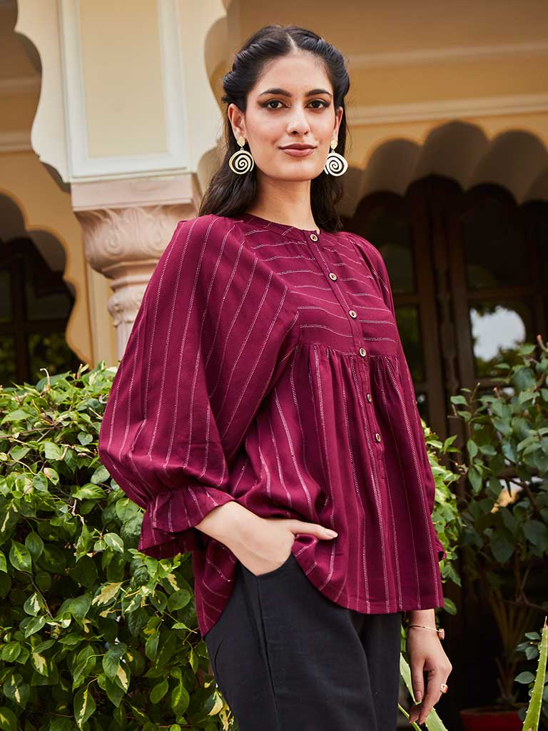 A Maroon Self Weave Rayon Lurex Gathered Top With Elasticated Gathered Sleeves