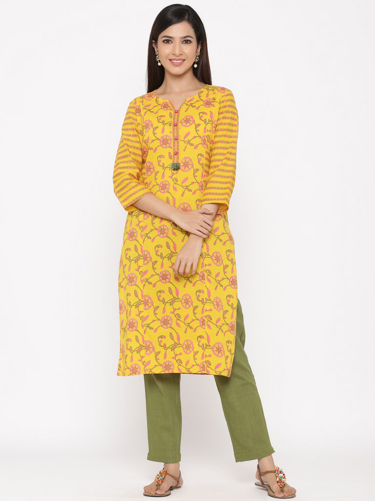 Buy Daily Wear Yellow Embroidery Work Rayon Cotton Kurti With Pant Online  From Surat Wholesale Shop