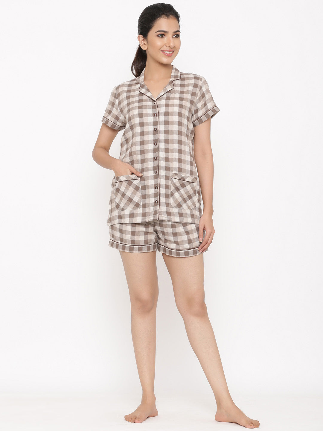 Brown Checks Print Straight Shirt And Short Pant Night Suit