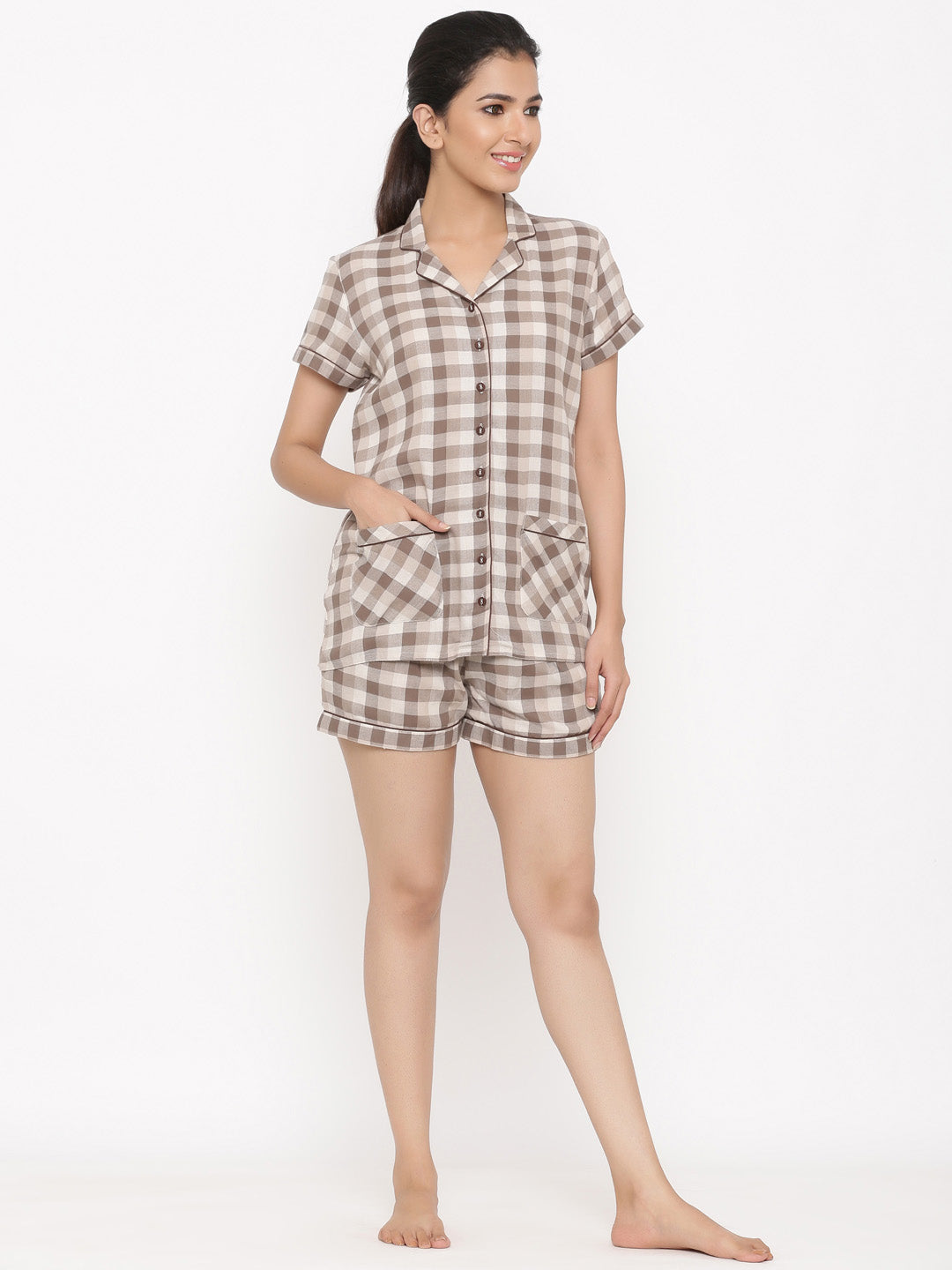 Brown Checks Print Straight Shirt And Short Pant Night Suit