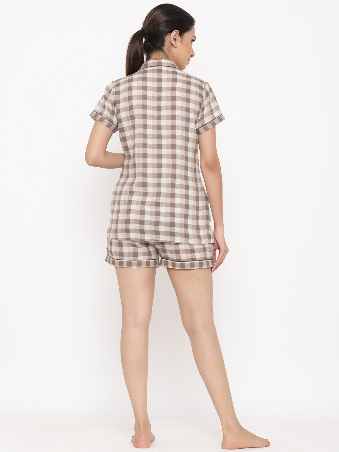 Brown Checks Print Straight Shirt And Short Pant Night Suit