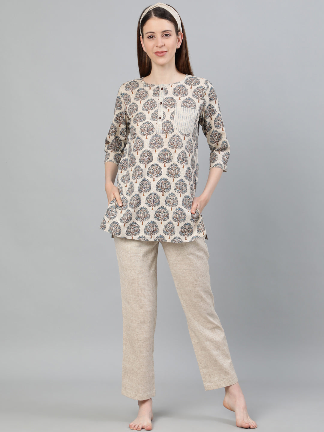 Blue Ethnic Print Cotton Flex Loungewear With Hairband