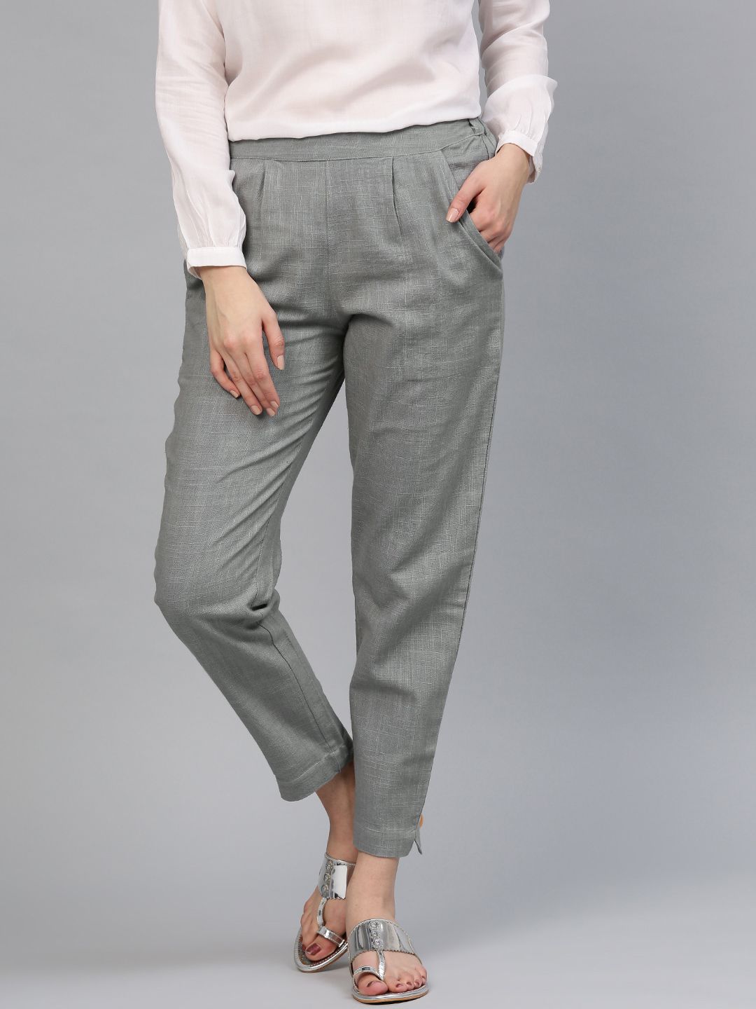 Shop Grey Solid Cotton Slub Pants