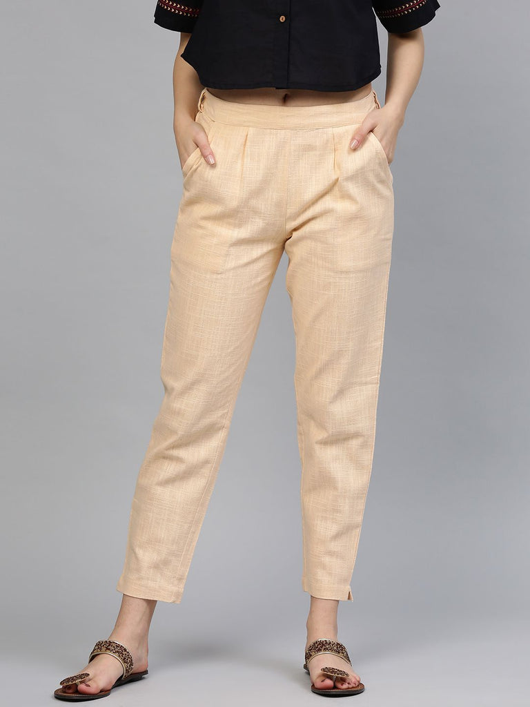 Choose Beige Solid Cotton Slub Pants