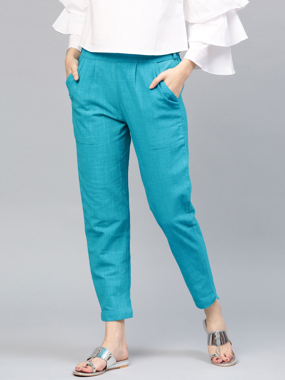 Select Turquoise Blue Solid Cotton Slub Pants