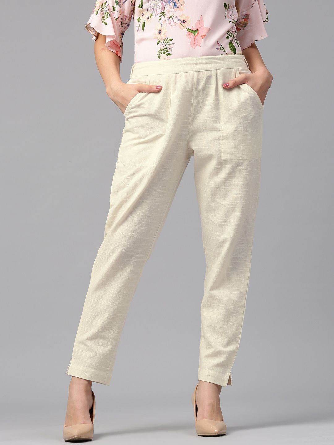 Choose off White Colour Slub Cotton Solid Pants