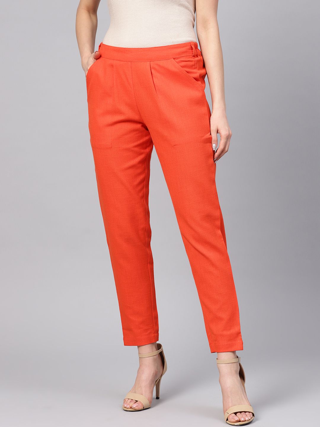 Shop Orange Solid Straight Cotton Slub Trouser