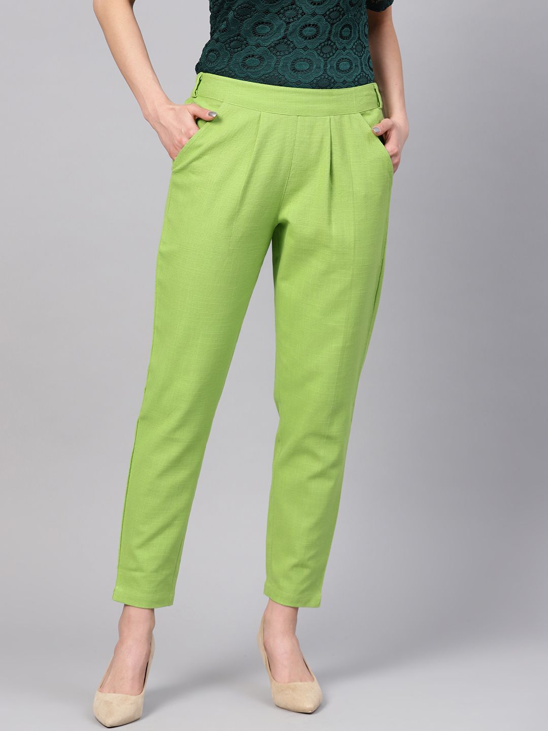 Shop Parrot Green Solid Straight Cotton Slub Trouser