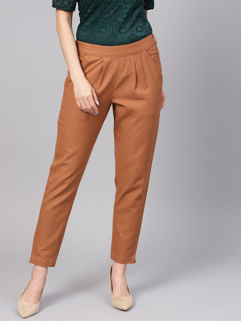 Shop Light Brown Solid Straight Cotton Slub Trouser
