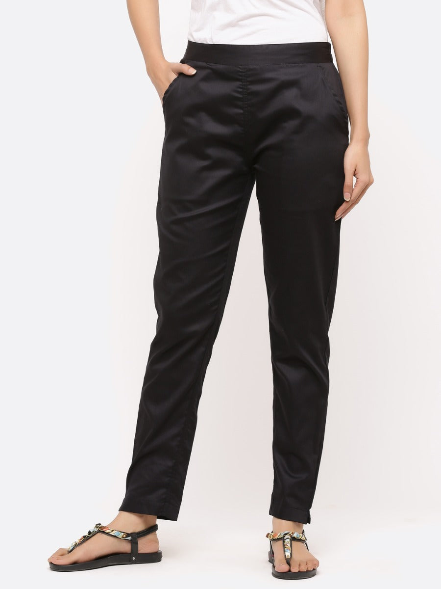 Shop Black Solid Cotton Lycra Pants