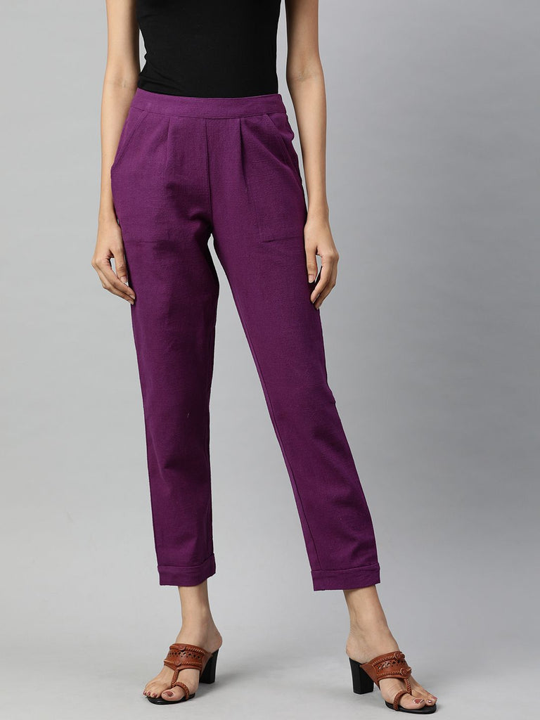 Shop Purple Solid Cotton Slub Pants