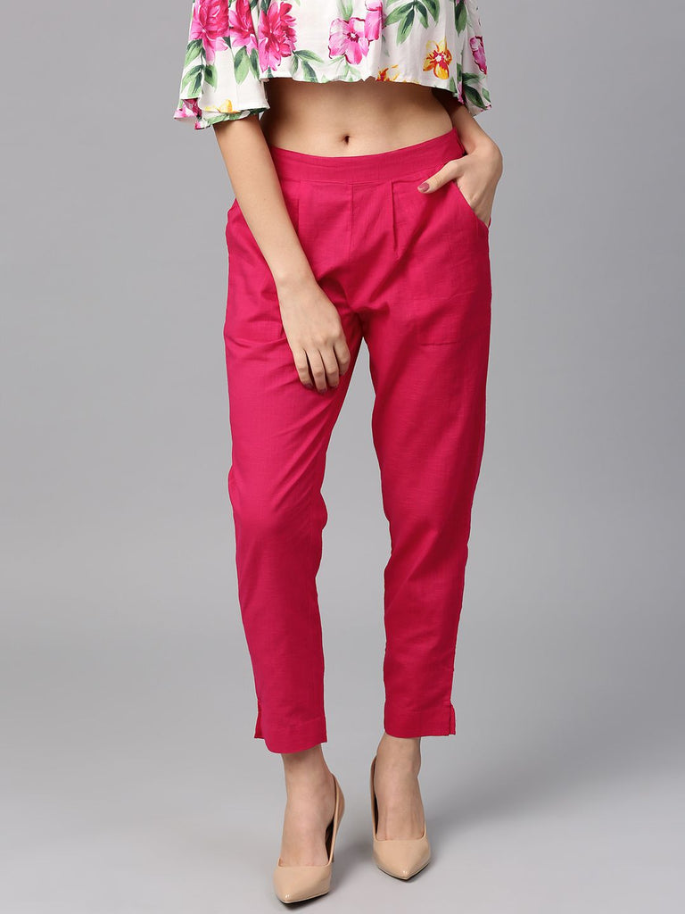 Shop Rani Pink Color Slub Cotton Solid Pants