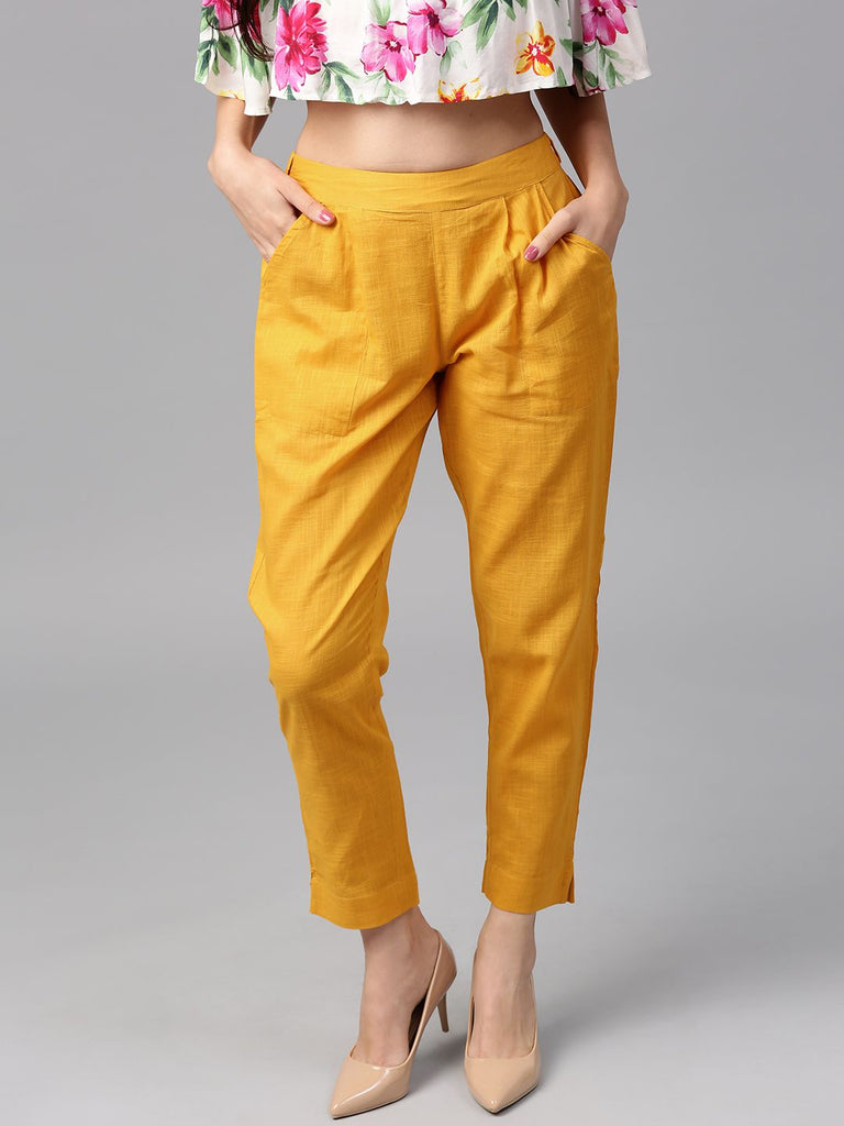 Shop Yellow Color Cotton Slub Solid Pants
