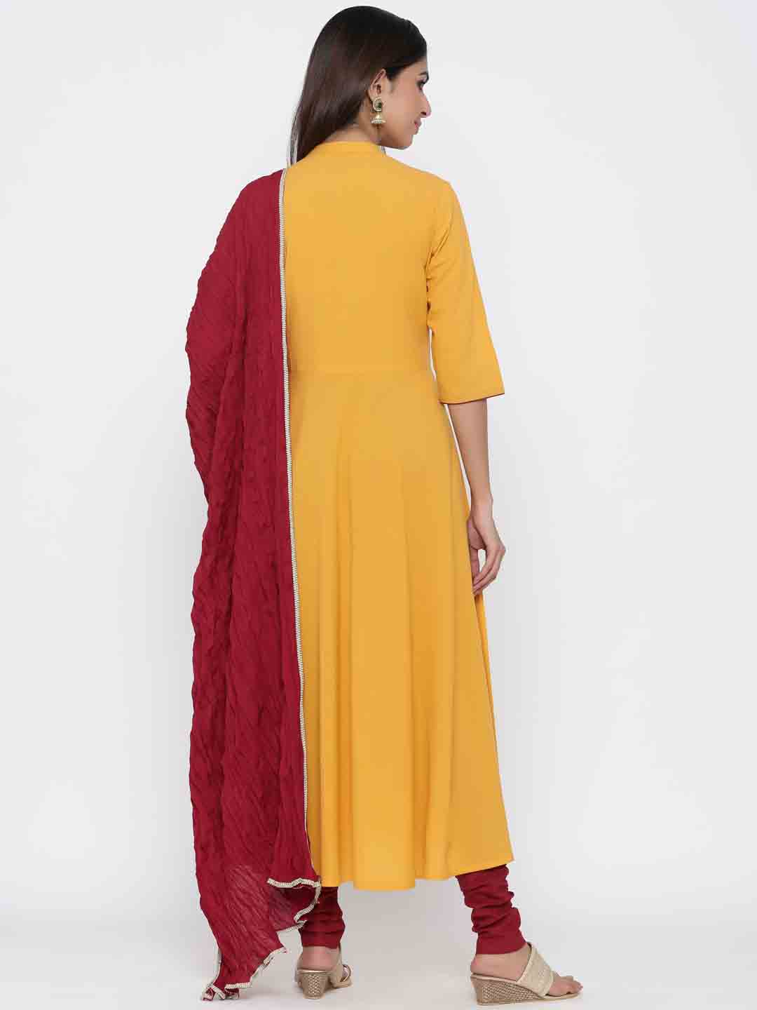 Mustard Yellow Solid Anarkali Kurta Cotton With Churidar Salwar And Dupatta