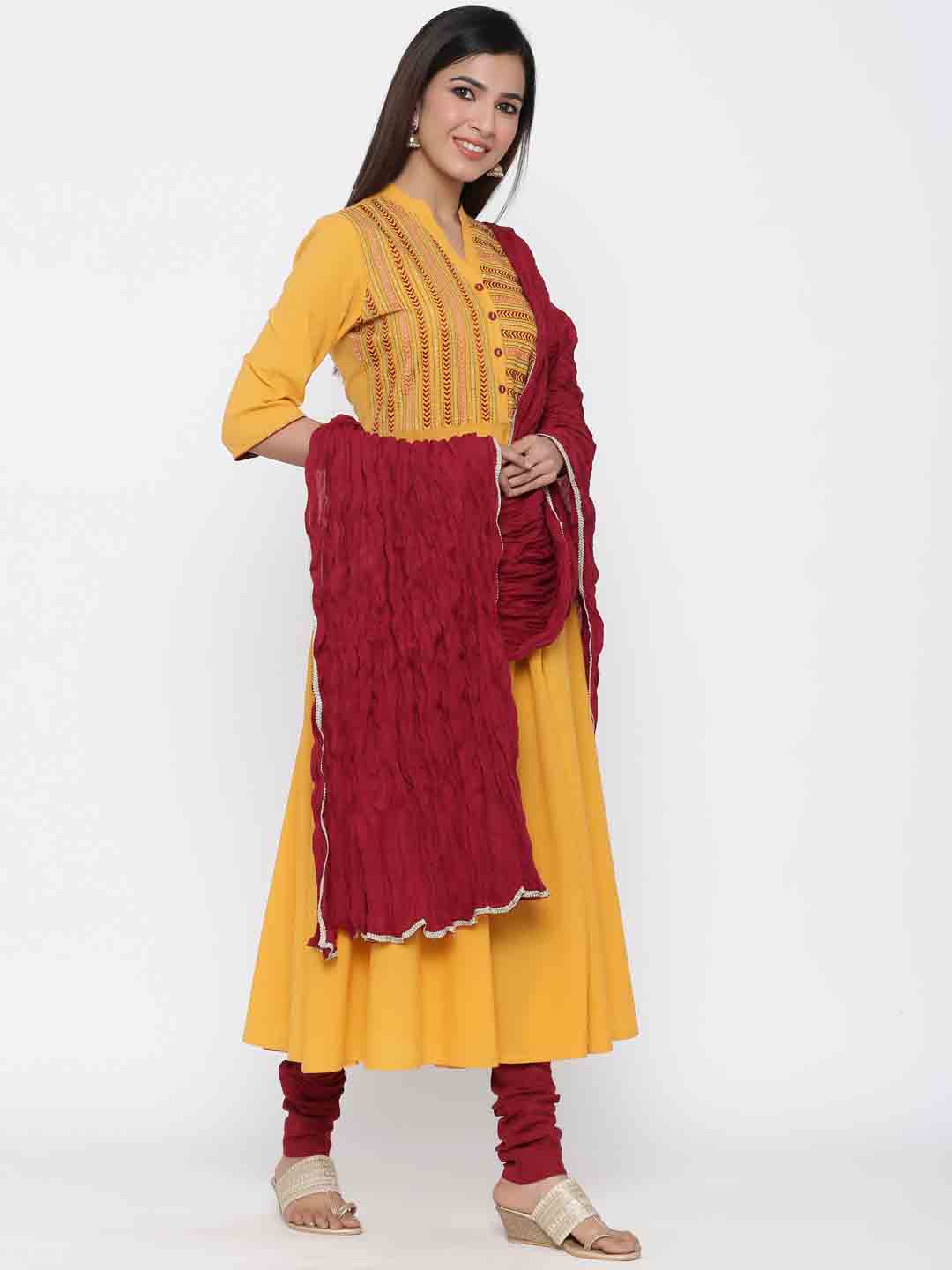 Mustard Yellow Solid Anarkali Kurta Cotton With Churidar Salwar And Dupatta