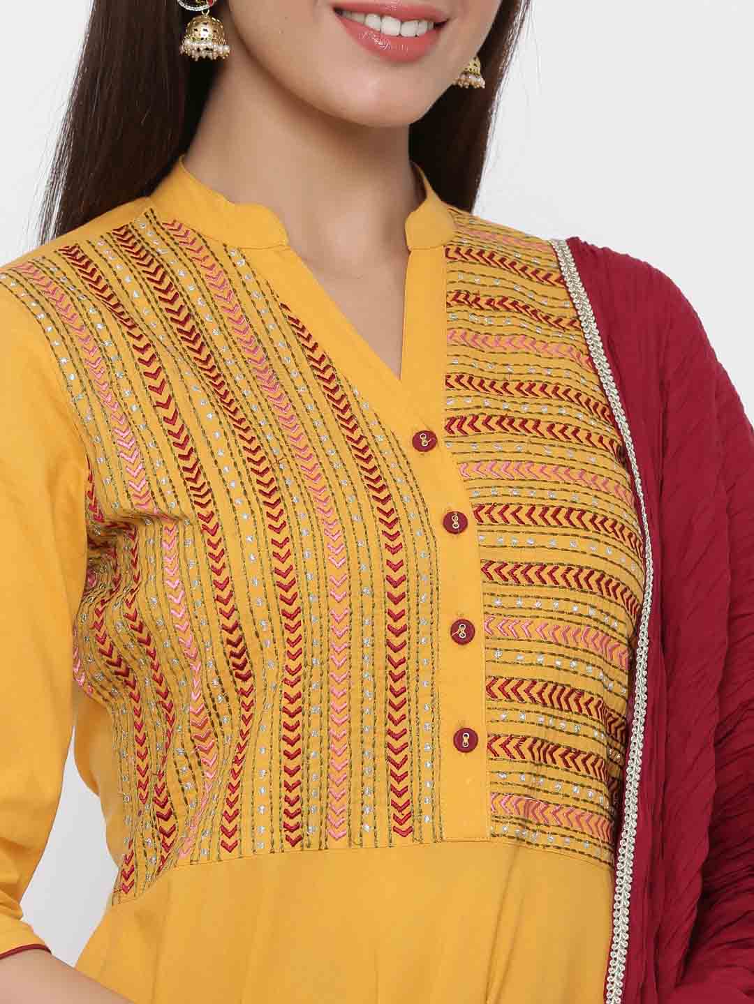 Mustard Yellow Solid Anarkali Kurta Cotton With Churidar Salwar And Dupatta