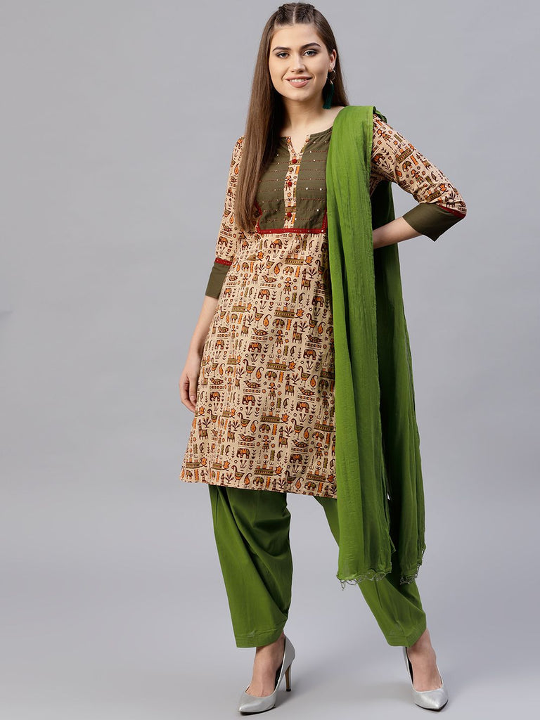 Beige And Olive Green Solid Straight Cotton Kurta With Patiala And Dupatta