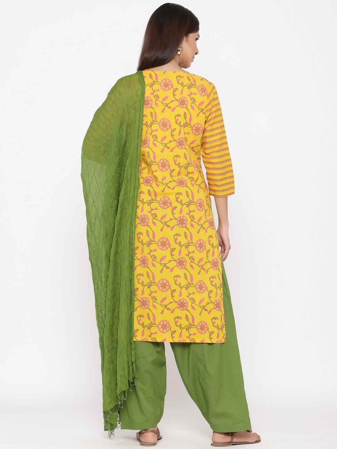 Yellow Floral Straight Cotton Kurta With Salwar And Dupatta