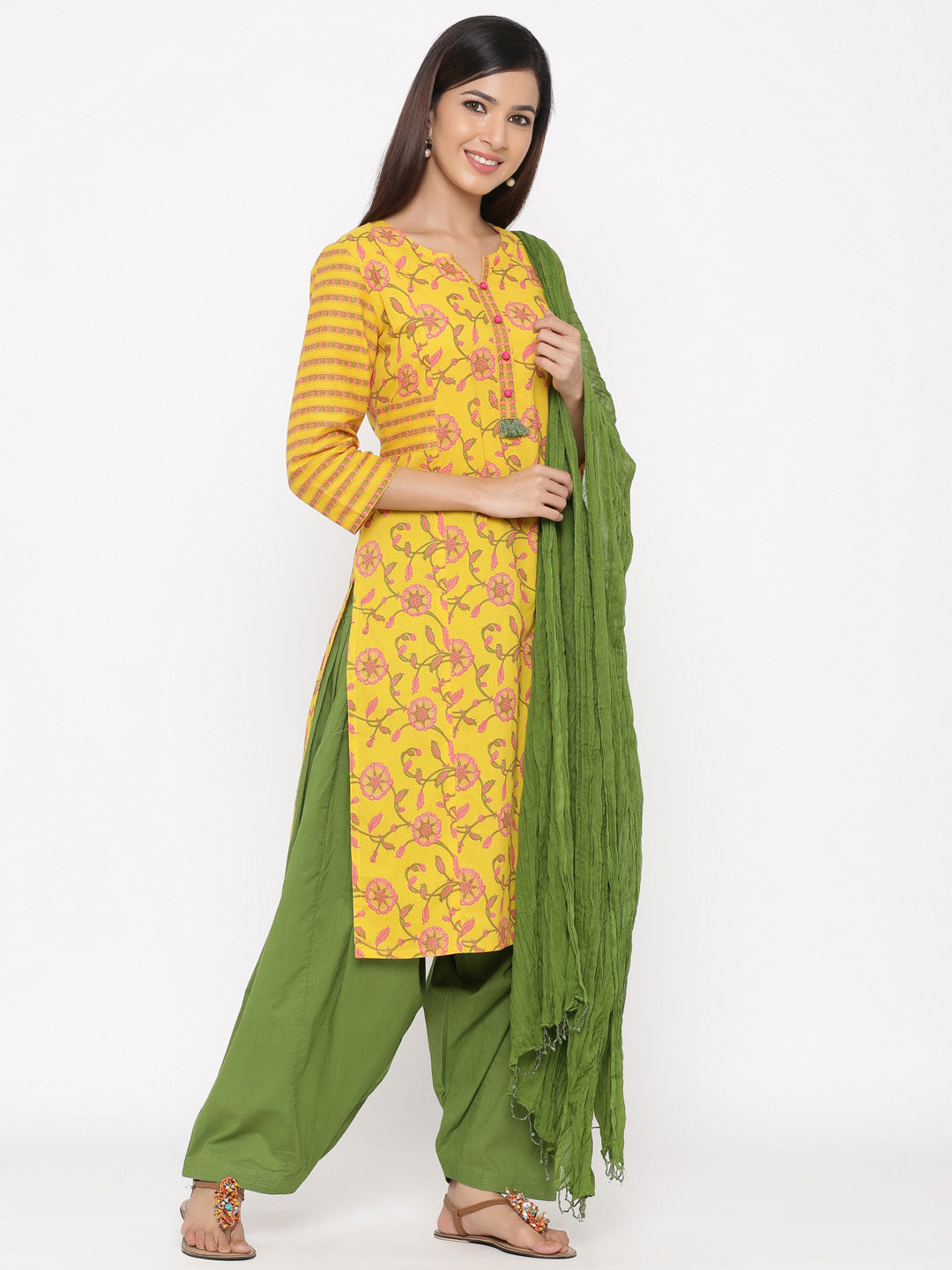 Yellow Floral Straight Cotton Kurta With Salwar And Dupatta