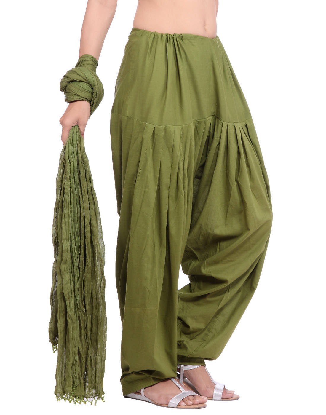 Olive Green Cotton Patiala Salwar And Dupatta Set
