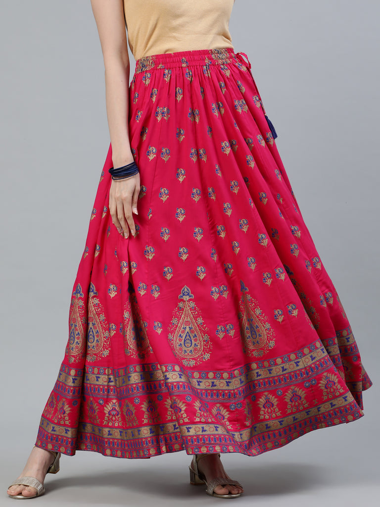 Shop Pink Ethnic Printed Maxi Flared Skirt